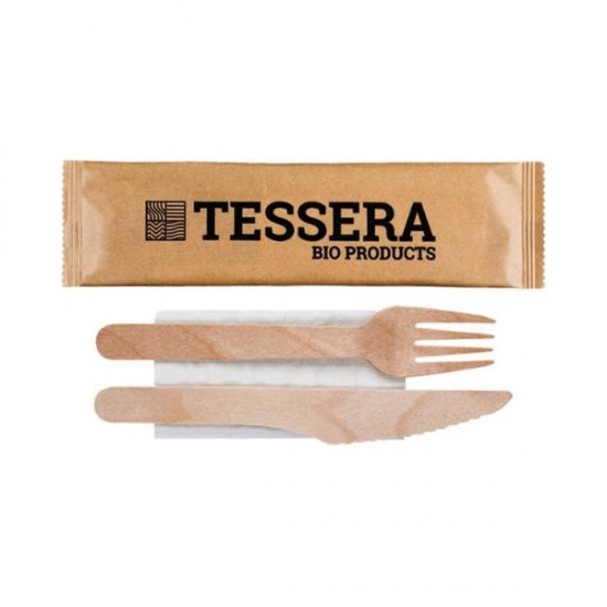 Ξύλινο κουβέρ συσκευασμένο 16εκ. (πηρούνι-μαχαίρι- χαρτοπετσέτα)-100τεμ.